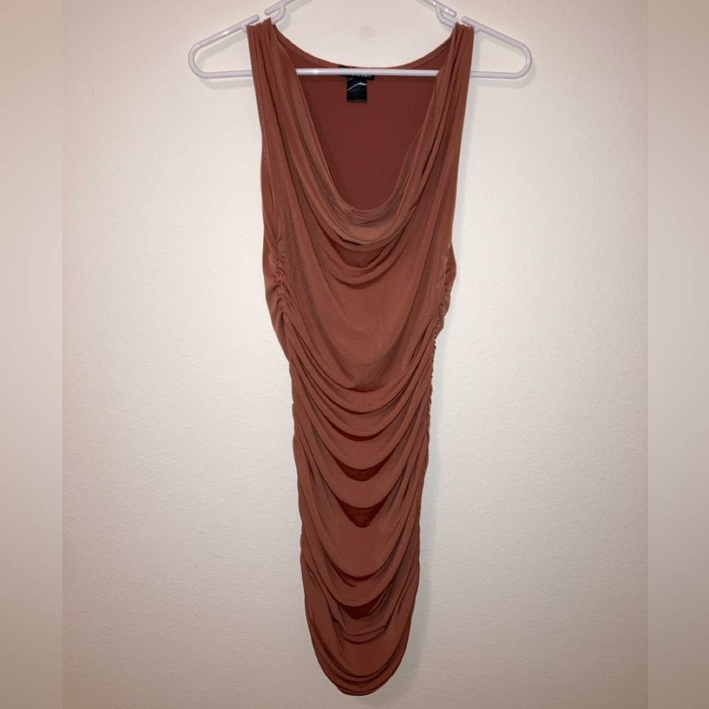 Wearever Terra Cotta Ruched Bodycon Dress Size S Draped Neck - Picture 2 of 9